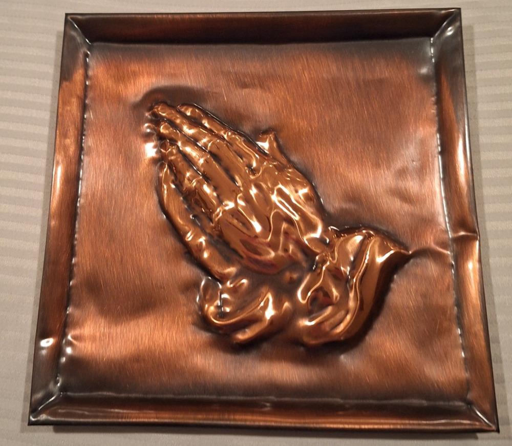 Vtg Coppercraft Guild Copper Praying Hands 3D Relief Square Wall Plaque 8"